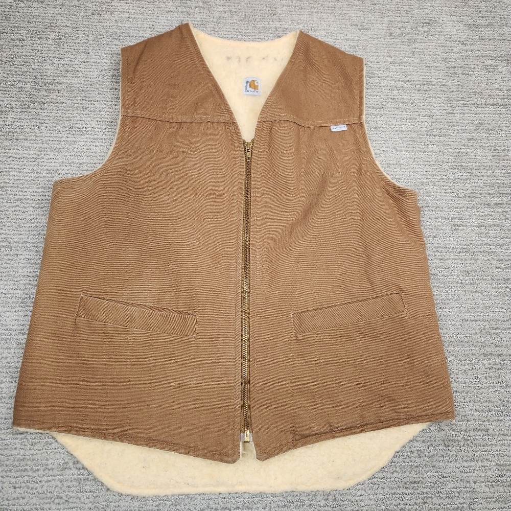 Vintage Carhartt Duck Canvas Vest Sherpa Lined Mens L Tall Union Made USA Brown